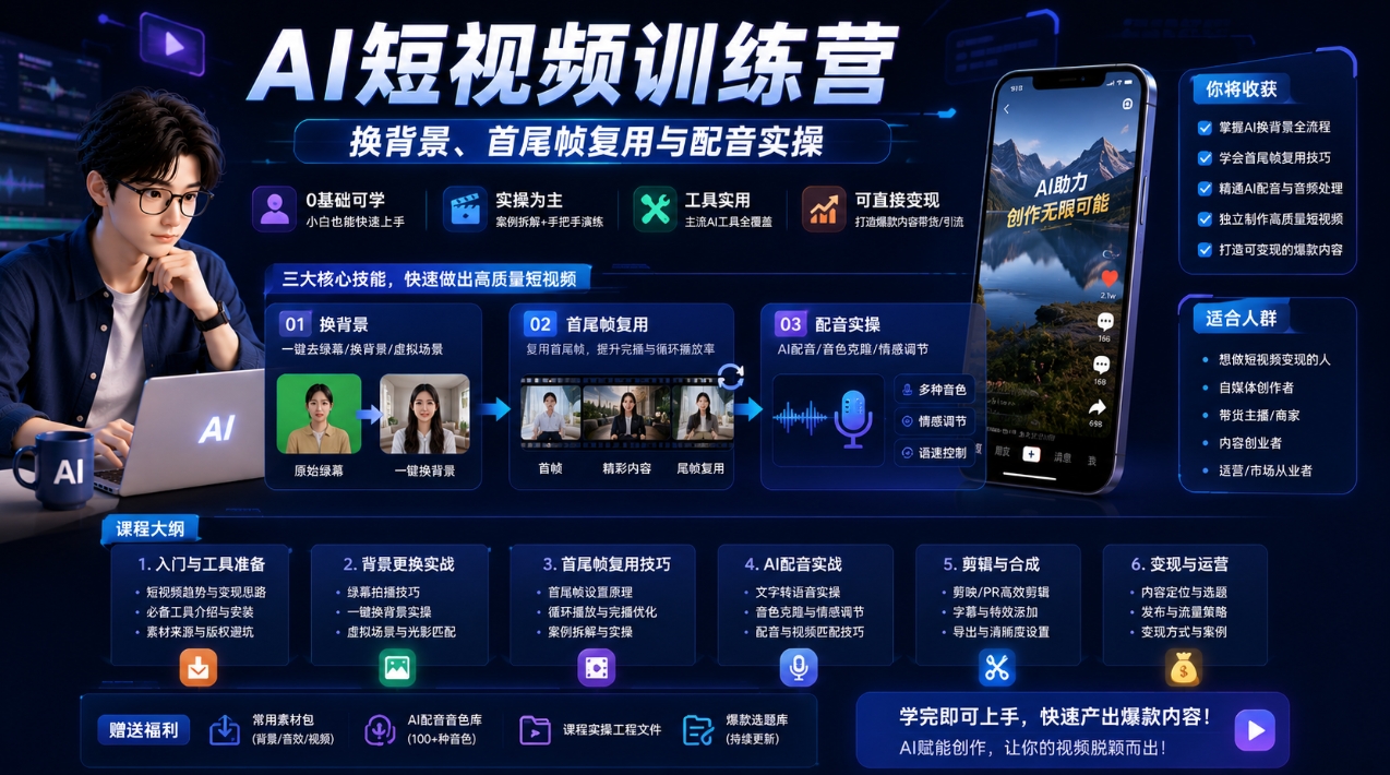AI短视频训练营:换背景、首尾帧复用与配音实操 AI短视频训练营:换背景、首尾帧复用与配音实操