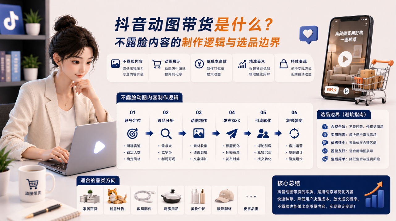 抖音动图带货是什么?不露脸内容的制作逻辑与选品边界 抖音动图带货是什么?不露脸内容的制作逻辑与选品边界