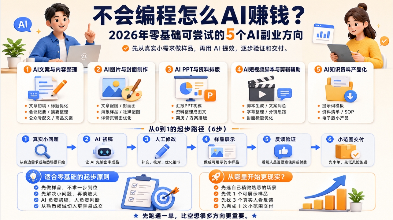 不会编程怎么AI赚钱?2026年零基础可尝试的5个AI副业方向 不会编程怎么AI赚钱?2026年零基础可尝试的5个AI副业方向